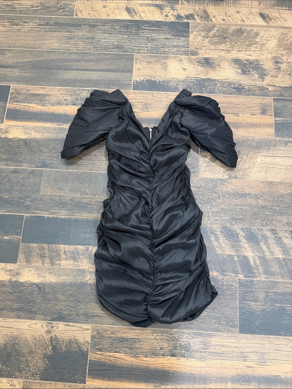Black Ruched Puff-Sleeve Mini Dress
